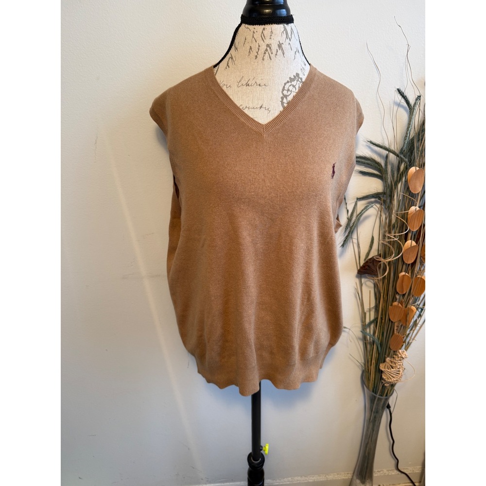 Polo Ralph Lauren Mens V-Neck Pima Cotton Sweater Vest Camel Tan Large 2156